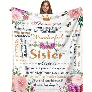 To My Sister Thank You Flannel Blanket, Ultra-Soft Plush Throw with Floral & Crown Design, Cozy Warm Fleece Blanket for Couch Bed, Perfect Sister Gift & Emotional Support, All-Season Comfort