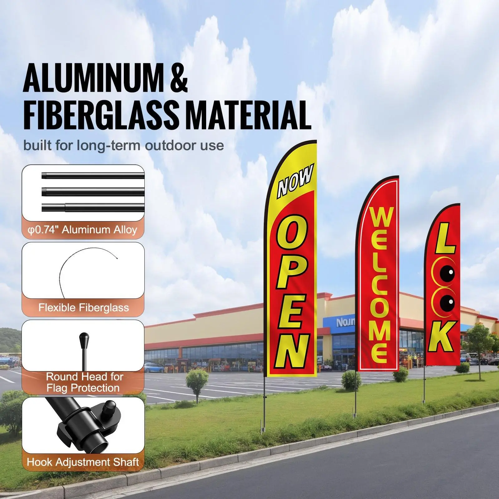 Open Feather Flag Kit - 12FT Tall 'OPEN' Welcome Business Banner | High-Visibility Outdoor Advertising Flag for Storefronts, Events & Sales