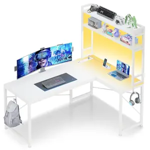 SIKAIC 45.3"-Width L-Shaped Reversible LED Gaming Computer Desk - White Engineered Wood Desk with Dual Monitor Riser, Adjustable Legs, and Shelf, Gaming Desk
