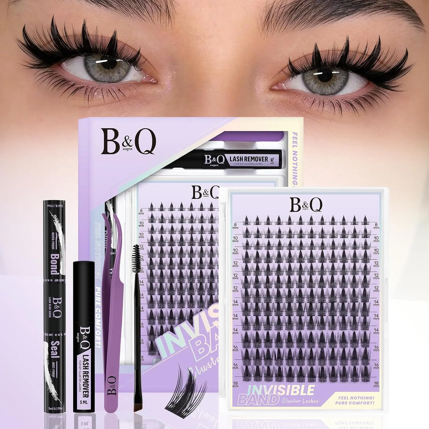 B&Q Fairy Max Lash Clusters Kit, Natural Wispy Manga Lashes, Invisible 0.3mm Band, 8-18mm, Waterproof Bond & Seal, Easy Removal, Salon Look for Daily Wear & Party