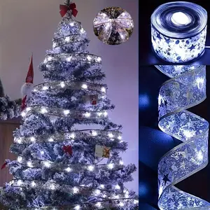 LED Christmas Tree Ribbon Lights, 5 Meter Sparkling Design, Battery Powered No Plug Needed, Holiday Decorations, Battery Powered Ornament