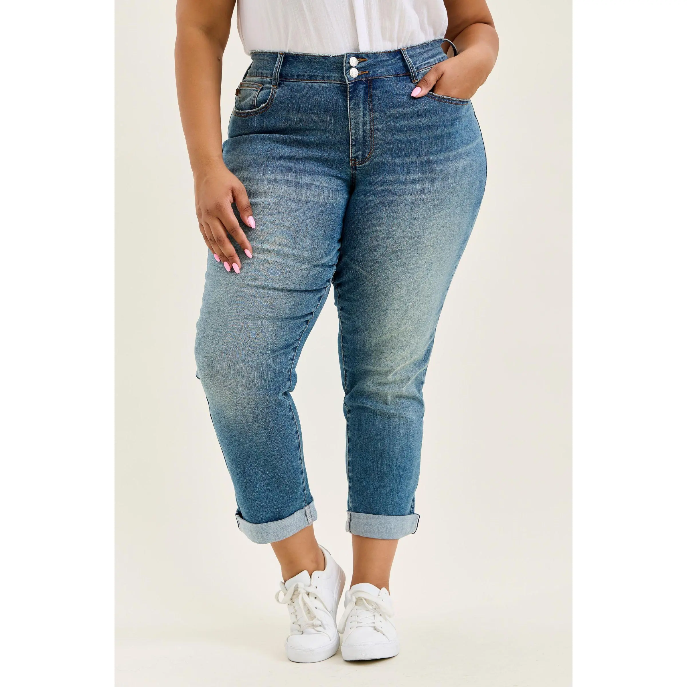 Judy Blue Mid Rise Cool Denim with Cross Back Belt Loop Boyfriend Jeans 881089, Stretchy Cotton Comfort Lighter weight Womenswear Bottom, Cuffed, Summer. Chic Trendy, Classic