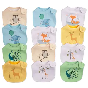 12 Pack Baby Drool Bibs Soft Skin Friendly Cotton Feeding Bibs for Boys Girls Adjustable Snap Closure Waterproof Breathable Teething Feeding Spit Up Protection Easy to Clean Cartoon Dinosaur Animal Prints