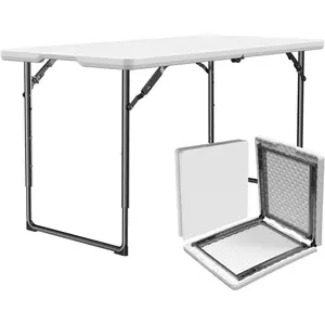 Folding Table 8ft - Heavy Duty Fold-in-Half Plastic Table with Adjustable Height, Portable Utility Tables with Steel Legs for Indoor, Outdoor, Picnic, Camping, Dining, Party (White)
