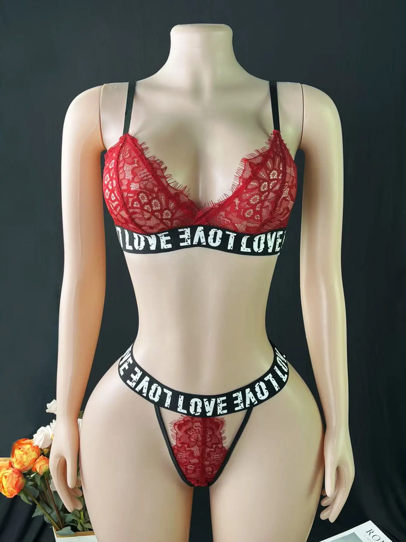 Women's Lace Letter Belted Bra Set, No Steel Cup Design, Elegant Fashionable Underwear, Perfect Gift Choice, Comfortable Stylish Lingerie