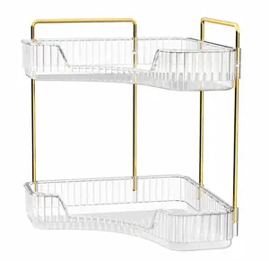 2-Tiers Corner Bathroom Counter Organizer, Clear Countertop Shelf Storage Rack, Cosmetic Perfume Tray Standing Holder with Gold Metal Pole, Skincare Sink Organizer for Vanity Kitchen Transparent Smooth