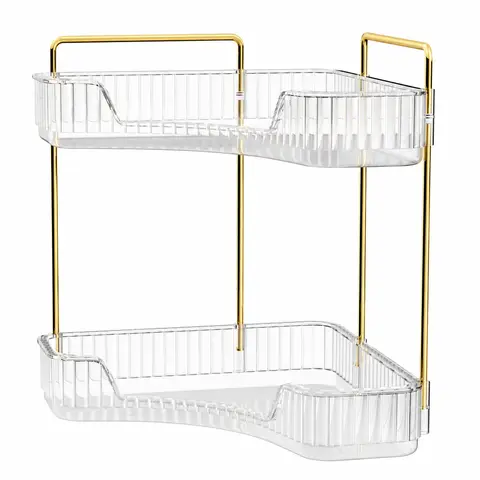 Durable 2-Layer Corner Bathroom Organizer with Gold Metal Pole - 10x10x12.6in Beauty Storage, Makeup Holder, Brush Caddy, Perfume Tray, Skincare Sink Rack, Vanity Space Saver for Family Home Users (Father's Day Gift Option)