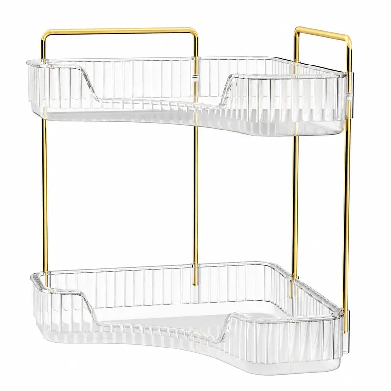 Durable 2-Layer Corner Bathroom Organizer with Gold Metal Pole - 10x10x12.6in Beauty Storage, Makeup Holder, Brush Caddy, Perfume Tray, Skincare Sink Rack, Vanity Space Saver for Family Home Users (Father's Day Gift Option)