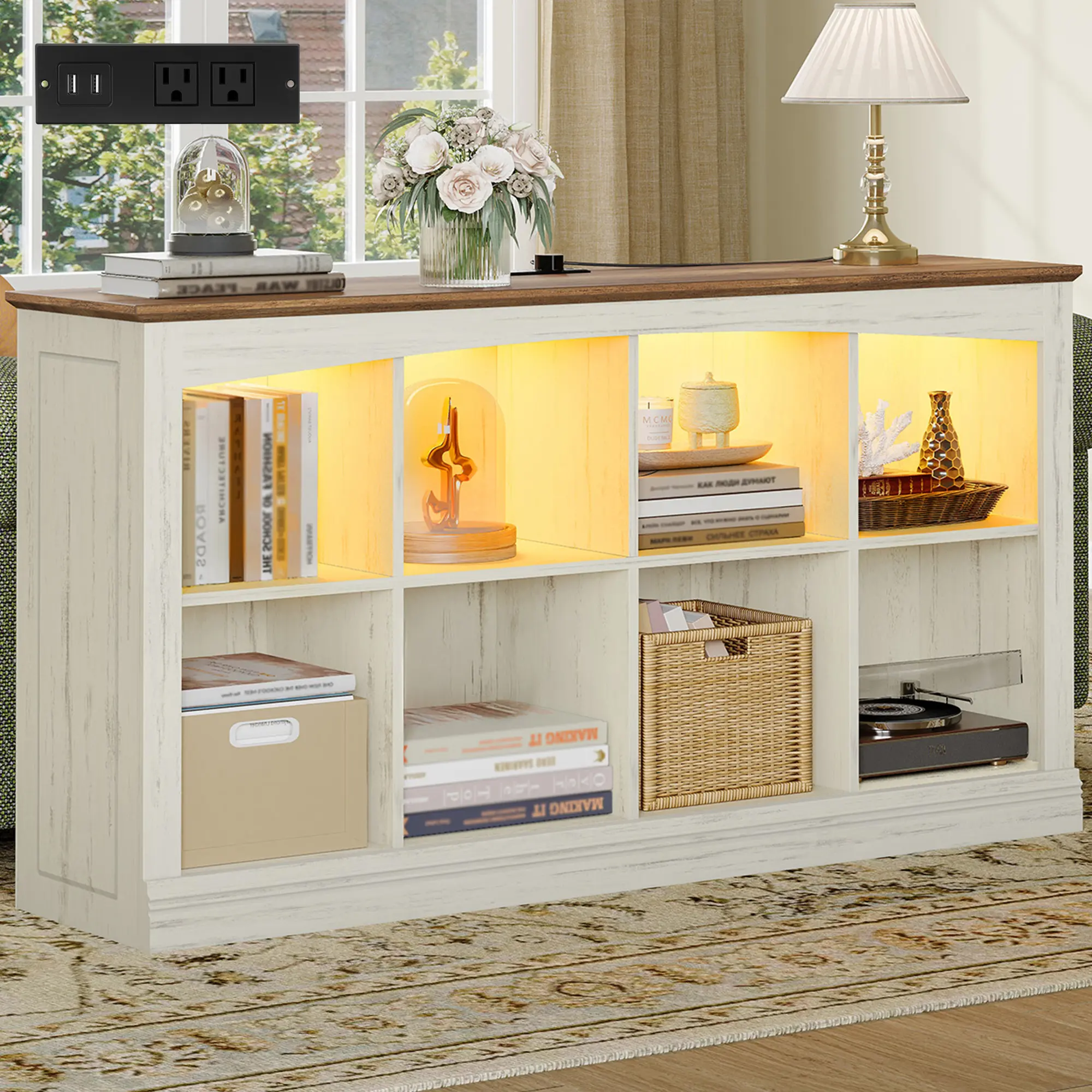 Hzuaneri Cube Bookshelf, 8 Cube Storage Organizer, 2 Tier Book Shelf with Led Lights and Charging, 55"W Wooden Rustic-style Bookcase and TV Stand, for Living Room, Bedroom and Office, Brown and White