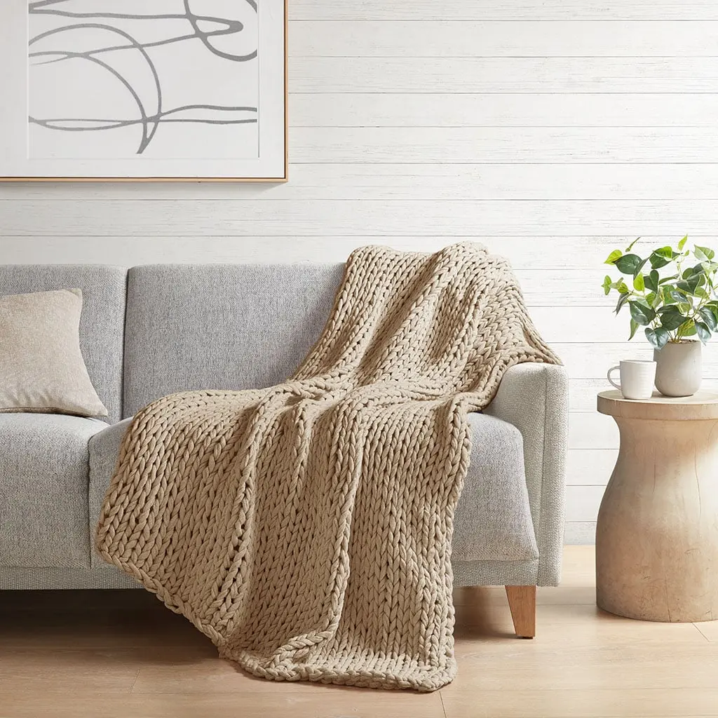 360 Stand Handmade Chunky Knit Throw Blanket - Interlocked Yarn Double Knit Chunky Acrylic Fiber, 50x60x0.25 in, for Couch Use, Tan, Knitted Blanket, All Season Blanket
