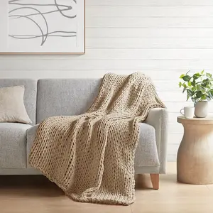 360 Stand Handmade Chunky Knit Throw Blanket - Interlocked Yarn Double Knit Chunky Acrylic Fiber, 50x60x0.25 in, for Couch Use, Tan, Knitted Blanket, All Season Blanket