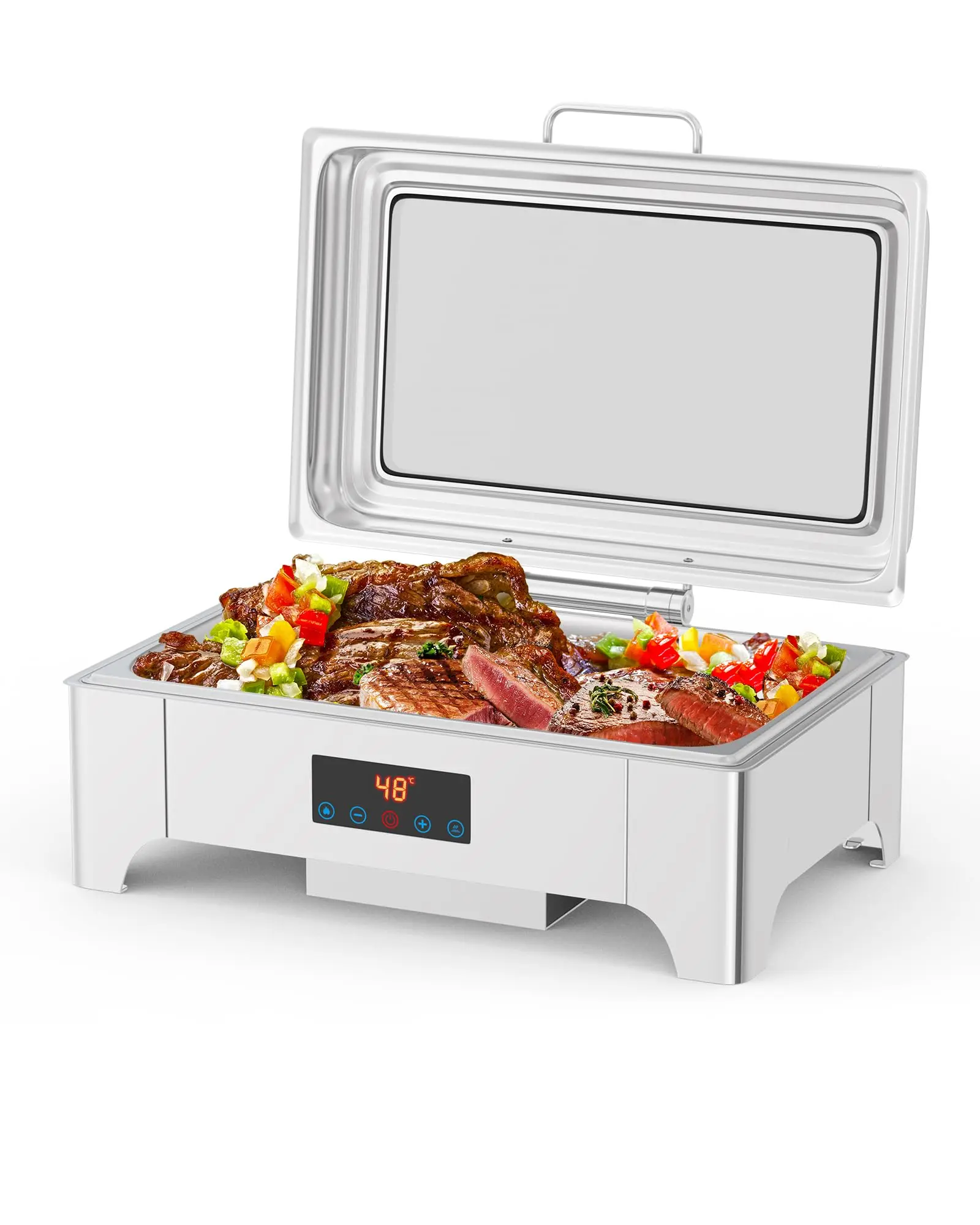 Electric Chafing Dish, 9 QT Full Size Touch Screen Chafing Dishes for Buffet Roll Top Set Food Servers and Warmer with Glass Lid for Catering, Parties, Weddings, Silver