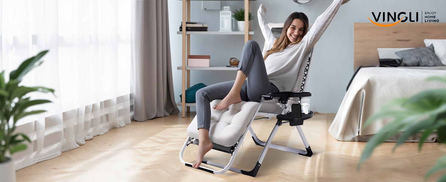 Padded Zero Gravity Chair, Lounge Chair with Removable Cushion Tray, Folding Reclining Patio Chairs, Recliner Chair for Lawn,Indoor and Outdoor,home decor,camping essentials