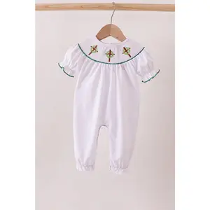 White wreath smocked romper