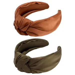 2 Pack Satin Wide Knotted Headbands - Brown Elastic Turbans, Non-Slip Silk Hair Styling Accessories for Women, Sisters, Girls, Gifts
