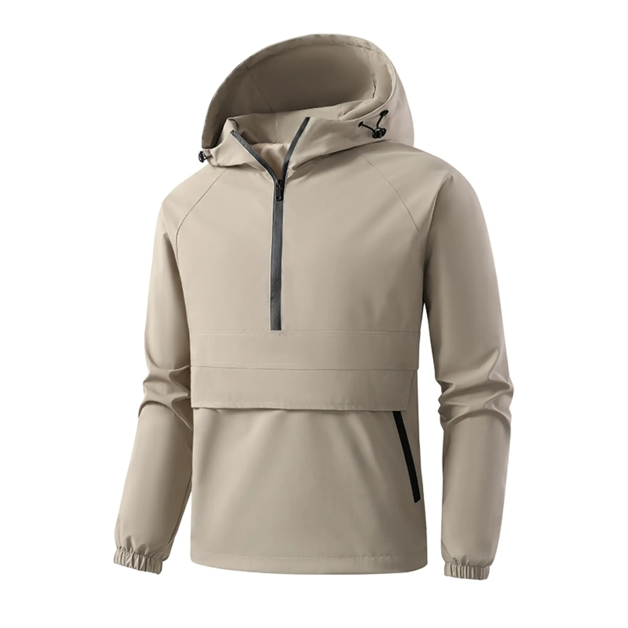 American-style half-zip pullover jacket with drawstring hood, windproof and waterproof outdoor functional outerwear.