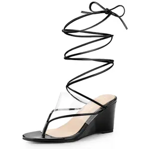 BLISSFUL STEP Women's Lace Up Clear Strap Flip Flops Wedge Sandals Black