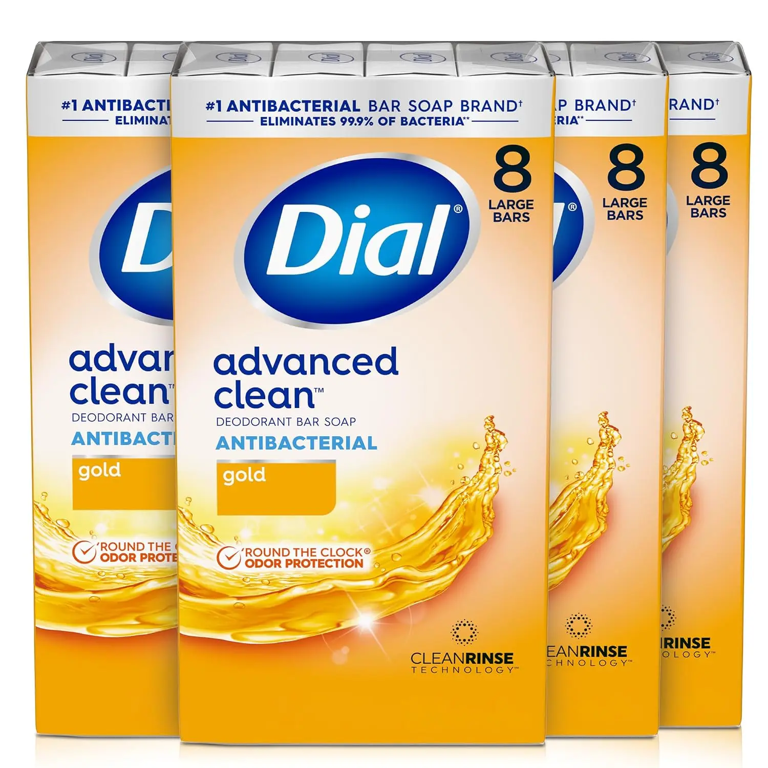 Dial Antibacterial Deodorant Bar Soap, Advanced Gold, 4 Oz, 32 Bars – 24/7 Odor Protection, Clean Rinse Technology