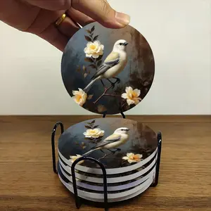 6-piece ceramic coaster set, featuring a vintage painting of tranquil birds and yellow flowers. Heat-resistant, non-slip coasters with holders, perfect for home, dining, and as beverage mats.