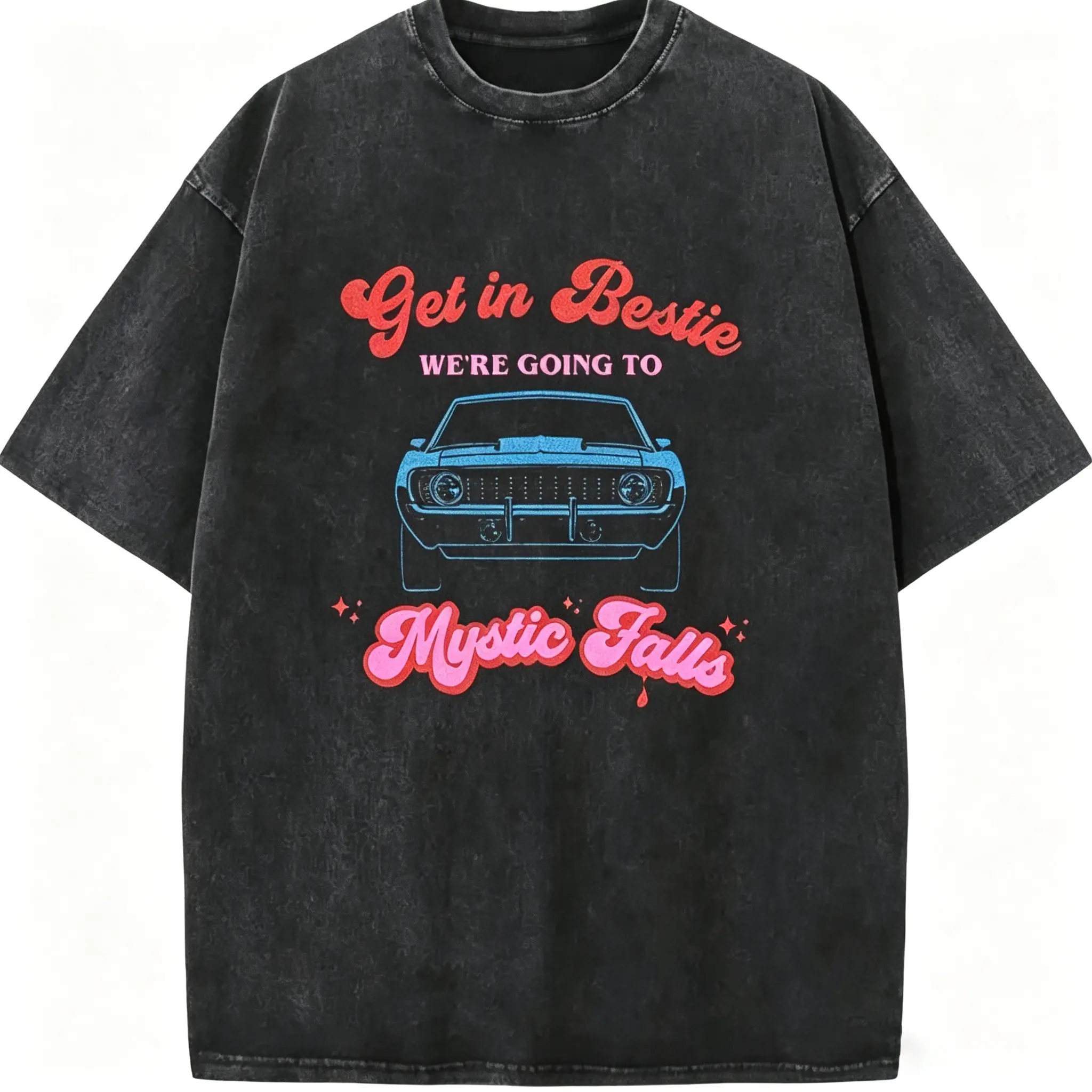 Vintage Washed Black Get In Bestie Mystic Falls Muscle Car Graphic Oversized T‑Shirt, Vampire Diaries TV Show Fan Casual Streetwear Top for Men Women