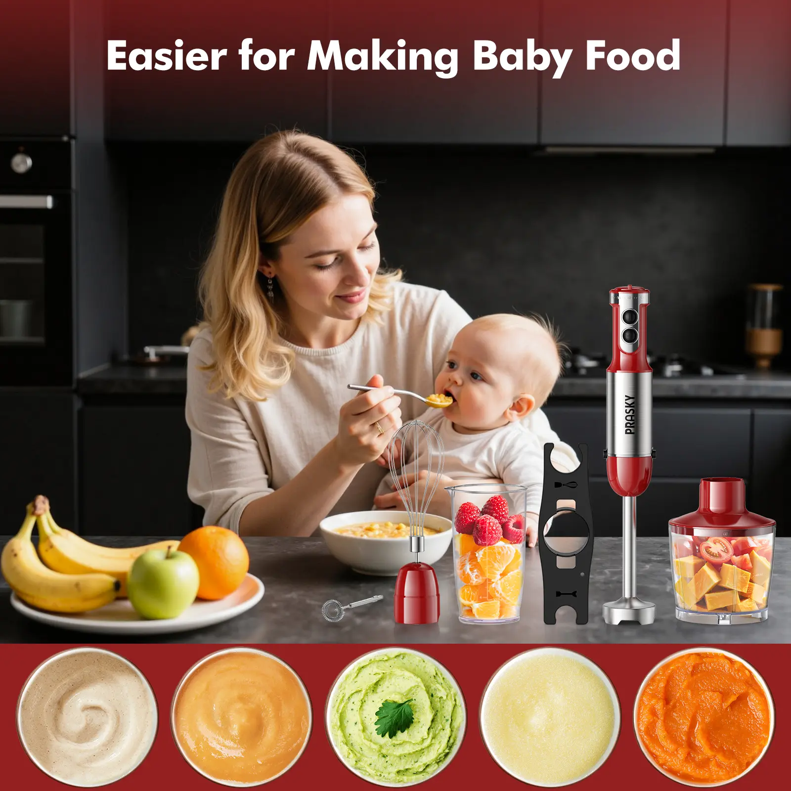 PRASKY Professional 1200W Handheld Blender - 20-Speed Precision, Turbo Mode, Stainless Steel Blades, Ergonomic Portable Multi-Use Mixer, Easy-Remove Attachments: 600ml Beaker, 500ml Chopper, Reusable Milk Frother Wand, Whisk (Home Cooking Thoughtful Gift)