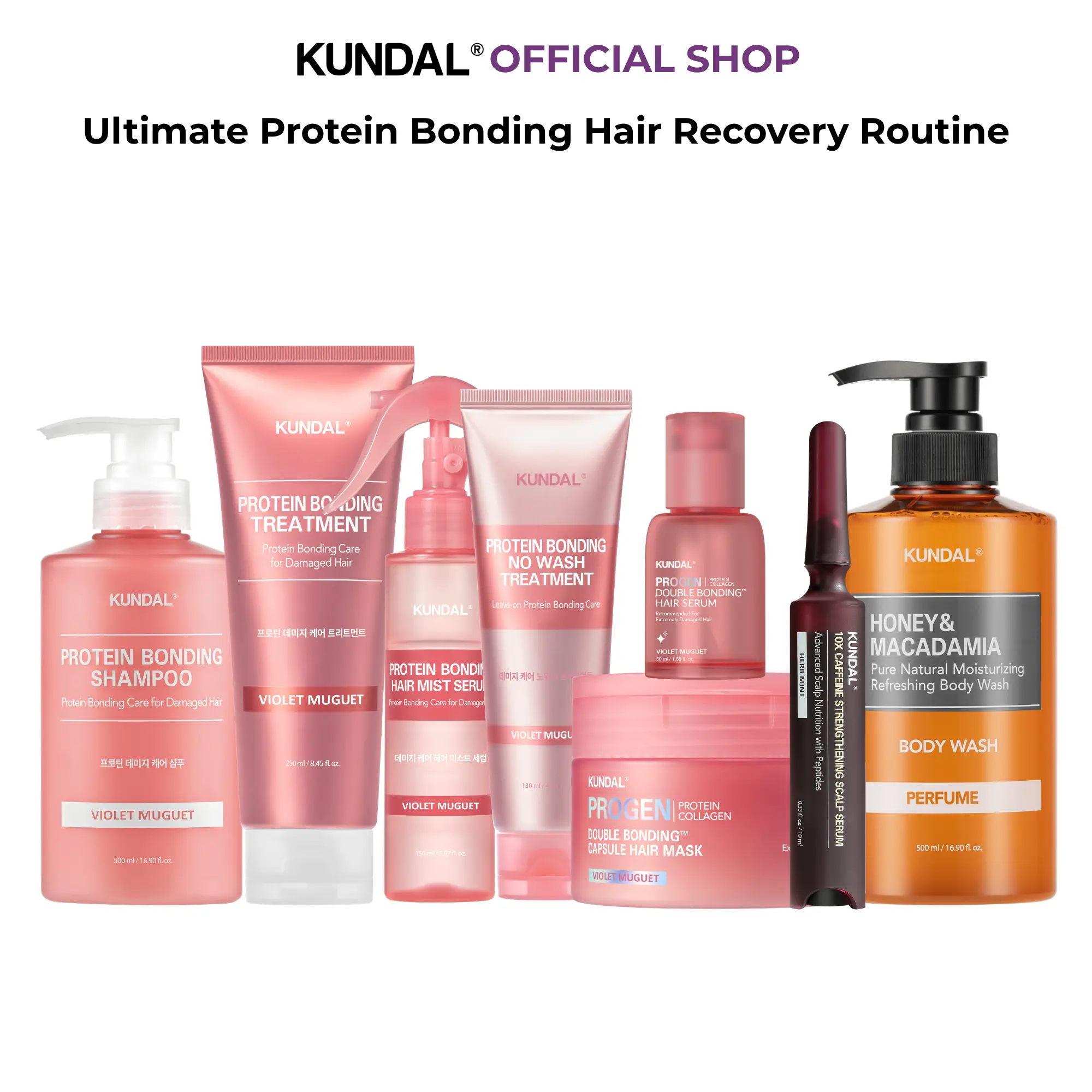 [KUNDAL] Ultimate Protein Bonding Hair Recovery Routine | Complete Hair, Scalp & Body Care Bundle | Ultimate 6-step Protein Bonding Hair Repair Set + Caffeine Serum + Honey & Macadamia Body Wash