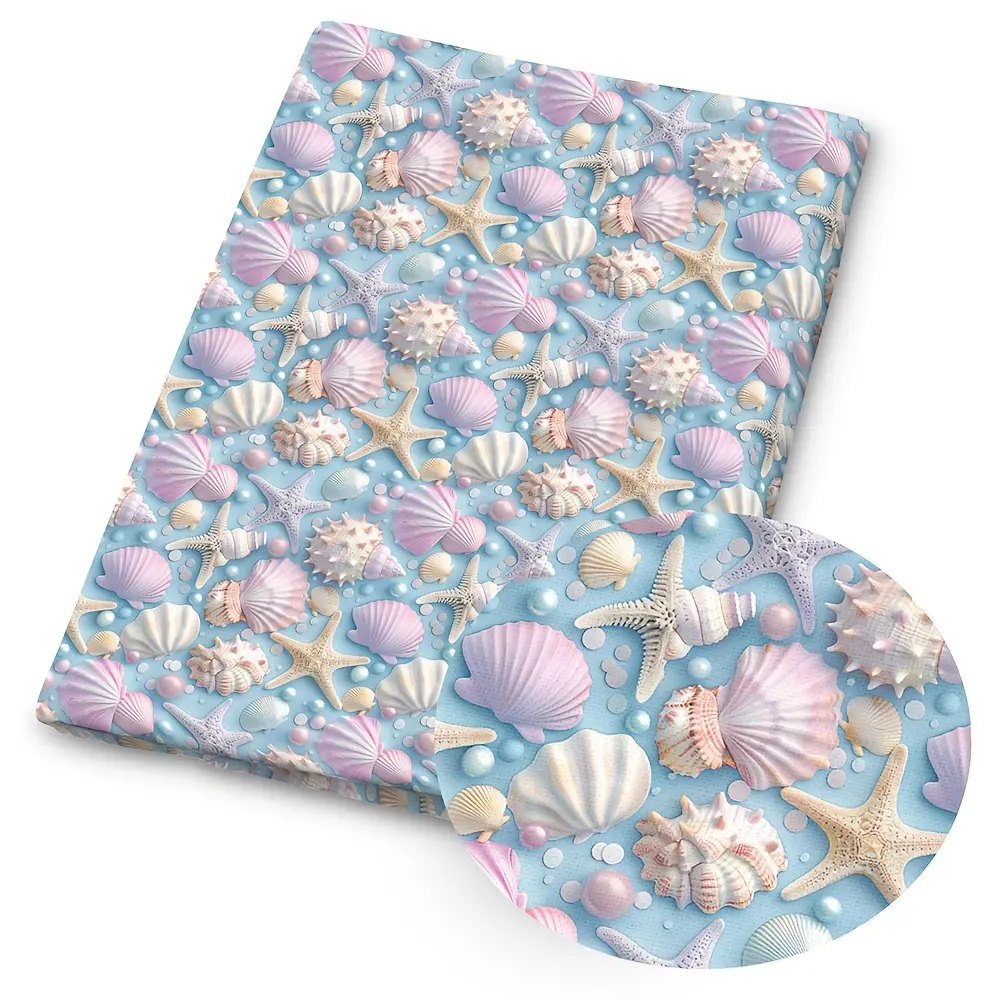 1 piece of 3D-style seashell and starfish print fabric—59×19.68 inches (150×50 cm) of pre-cut polyester fabric featuring seashell, starfish, and pearl designs—ideal for DIY sewing, scrapbooking, tablecloths, and crafts