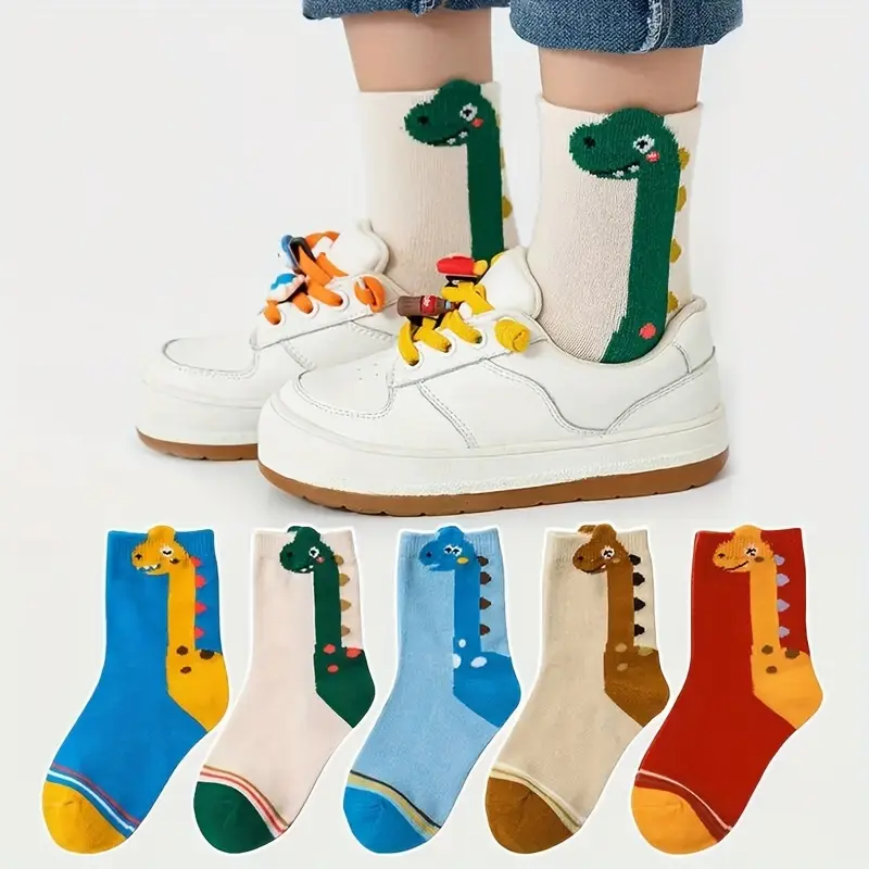 Boys' Knit Calf-High Socks, 5 Pairs Mixed Colors Cartoon Dinosaur Print, Cute Look, Breathable Comfortable All Seasons Casual Wear, 1-12 Years Kids Graphic Socks