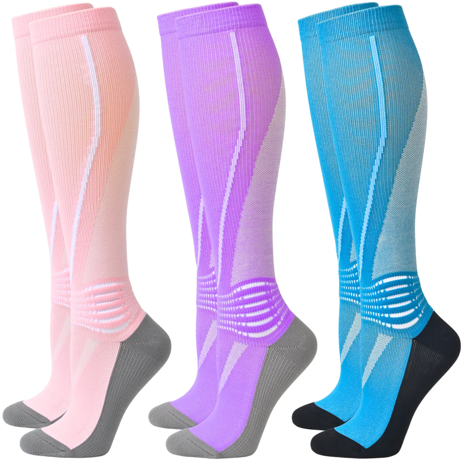 IRAMY 3 Pairs Women's Gradient Compression Socks, Knee-High Athletic Style with Ankle & Arch Support, Breathable Coolmax Fabric, Sports Compression Socks, Compression Stockings
