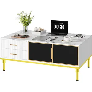 Coffee Table for Living Room, Faux Marble Coffee Table with 4 Drawers and Glass Doors Storage, Modern Aesthetic Fluted Panel Design