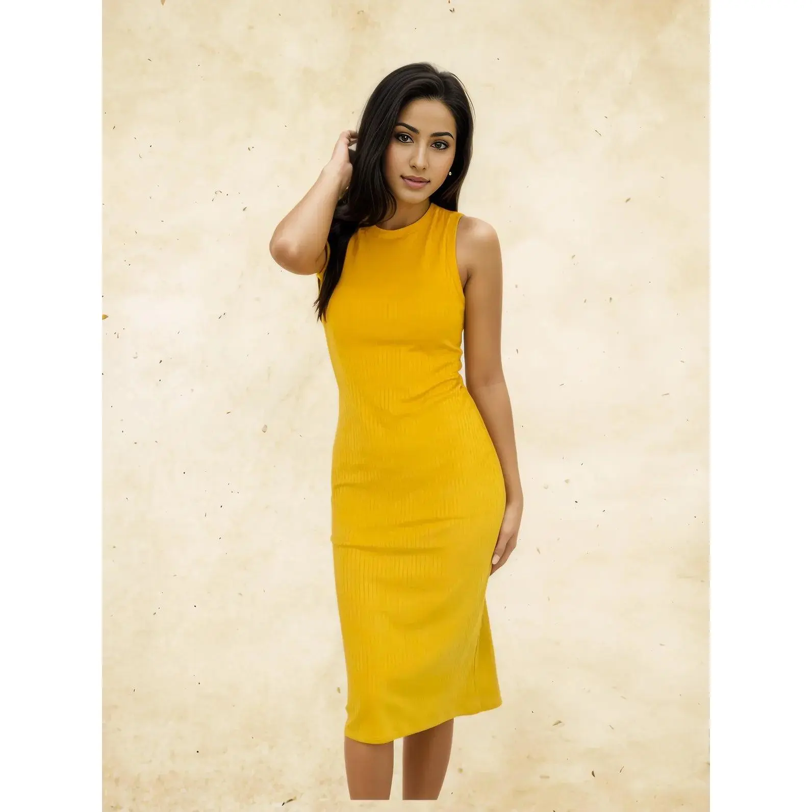 Ribbed Cotton Sleeveless Midi Dress – Lightweight, Stretchy & Flattering Fit Mustard