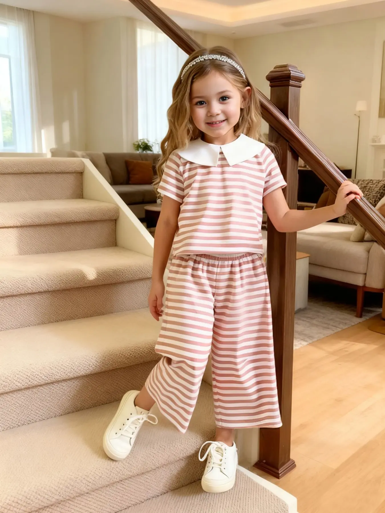 2-Piece Girls' Summer Casual Outfit: Striped Lapel Short-Sleeve T-shirt + Striped Elastic Waistband Wide-Leg Straight Pants, Summer Set, Breathable, quick-drying, soft and skin-friendly, ideal for daily leisure and outdoor activities