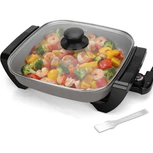 12-inch Family Size Electric Skillet with Lid, Ceramic Skillet Electric, Square Skillet, Non Stick Electric Skillet Griddle Pan, PFAS-Free Temperature Control, 1500W, 6 QT, Gray