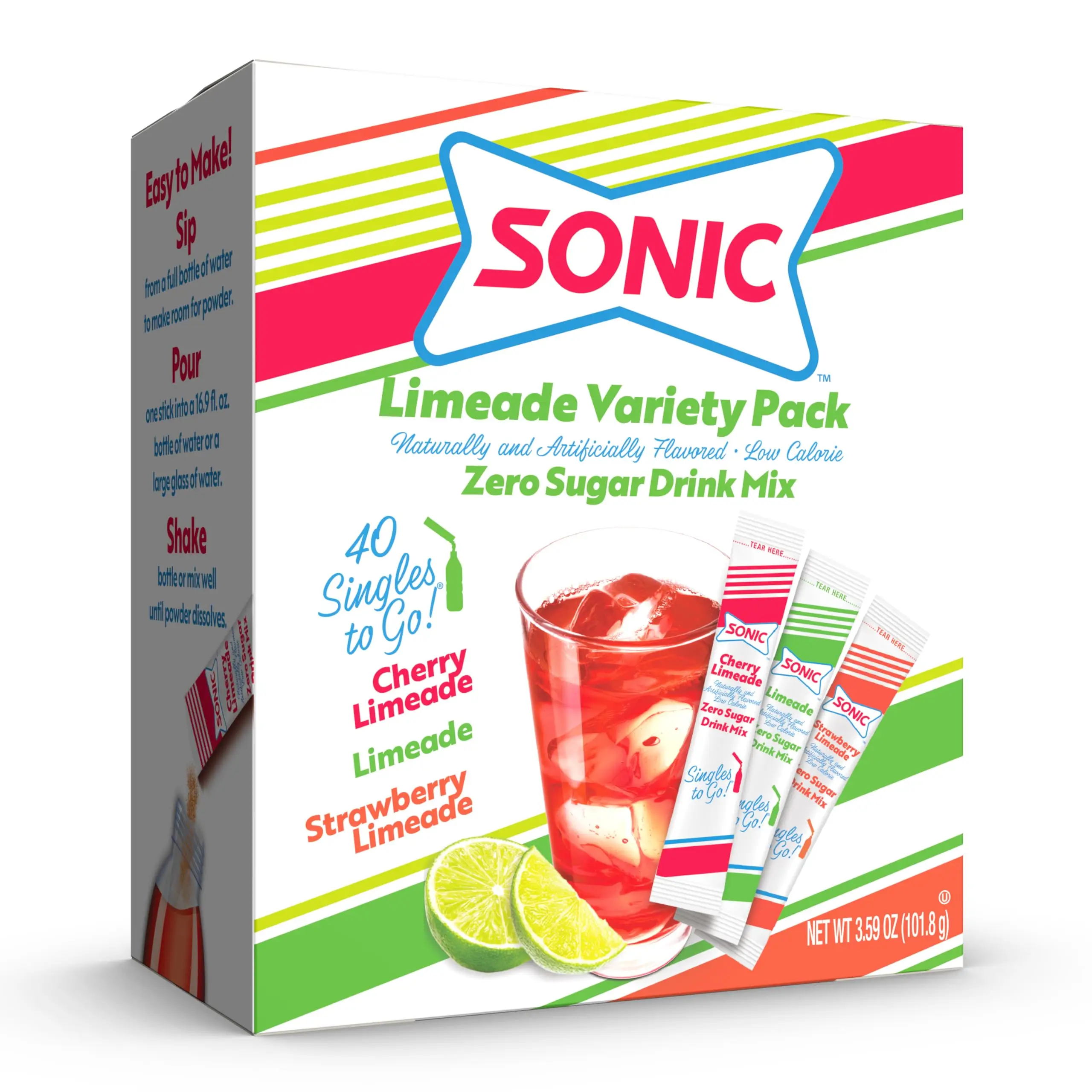 Sonic Singles To Go Limeade Variety Pack, Watertok Powdered Drink Mix, Includes 3 Flavors, 1 Box (40 Servings) Beverage Mixed Sugar mixed beverage che