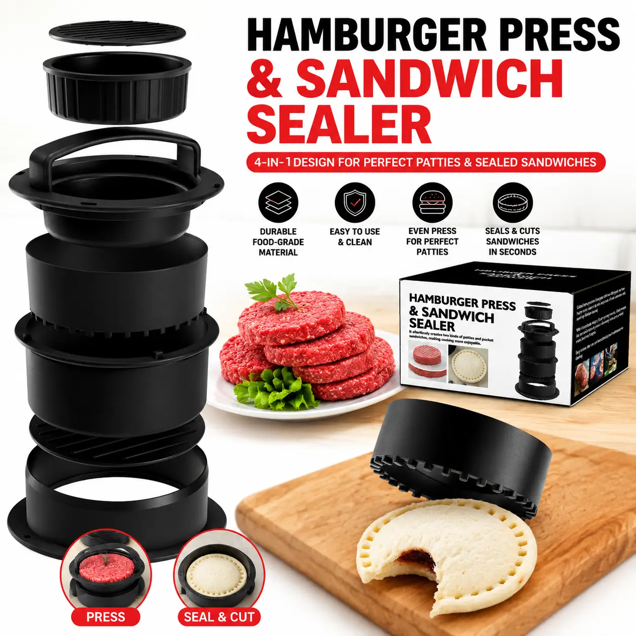 4-in-1 Burger Press Patty Maker – Sandwich Cutter and Sealer Set for Barbecue & Home Cooking, Adjustable Burger Mold for Perfect Patties