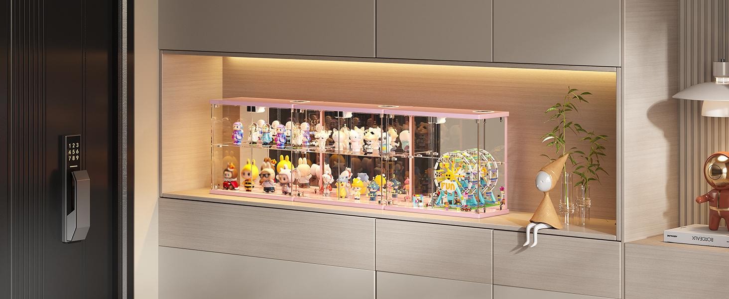 Miu vanity Display Cabinet with Glass Doors,Storage Cabinet with 3 color light,2-Tier Curio Cabinet case for Collectibles,Toys，Books，for Playroom，Bedroom，Study Room,Black,Pink