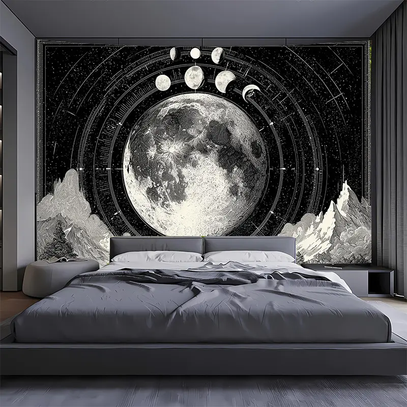 1pc Extra Large Black and White Celestial Tapestry - Galaxy Backdrop with Moon, Planets - Hanging Decoration Tapestries for Living Room, Bedroom - Easy-to-Hang Astronomy Home Decor No Electricity Needed