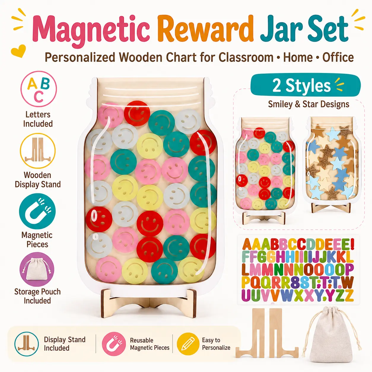 MYVERSE Magnetic Reward Chart for Classroom Office Home Personalized Wooden Stars Reward Jar Set