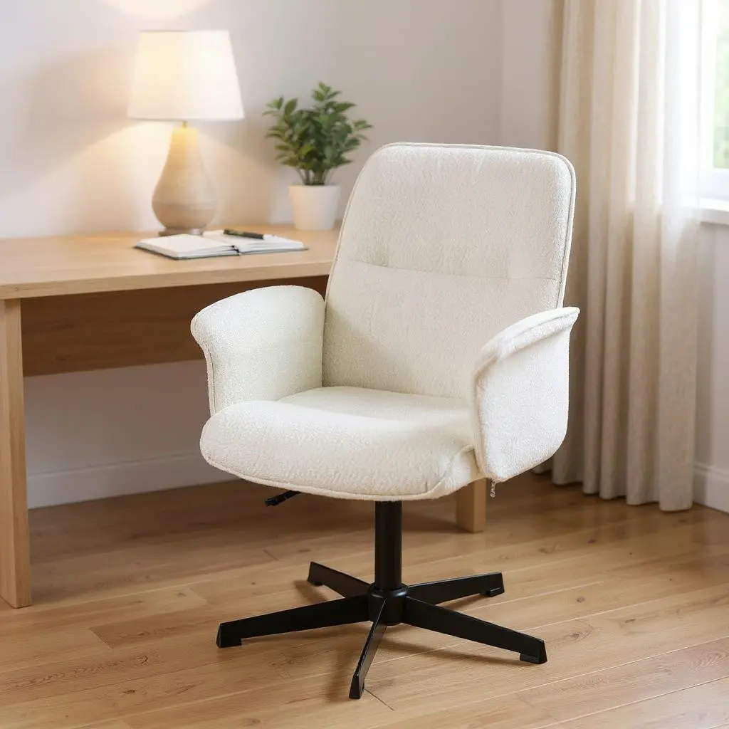 HomeRoots 568085 Off White & Black Boucle Adjustable Height Swivel Executive Office Chair, Boucle Fabric, Contemporary Home Decor, Ergonomic Chair