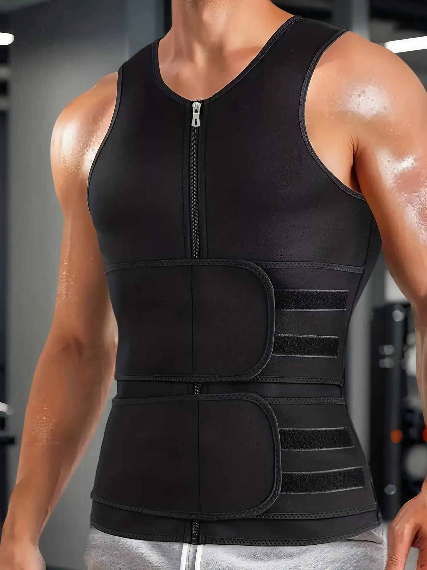 Men's Solid Round Neck Zipper Sauna Tank Top, Breathable Comfortable Sports Tank Top for Workout Gym Exercise for Men, Workout Tops Fashion Men's Spor