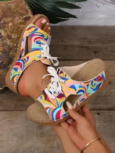 Women's Rainbow Print Tie-Back Wedge Sandals, PU Leather Sandals, Casual Comfortable Flip Flops, Stylish Summer Footwear, Perfect for Daily Wear