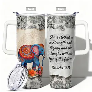 1pc, 40oz/30oz/20oz/14oz Stainless Steel Cup Ornate Elephant and Floral Double Wall Vacuum Insulated Cup, Leakproof Lid & Carry Handle Travel Mug for Outdoor Camping Hiking, Gift for Dad, Mom, Insulated Travel Drinkware