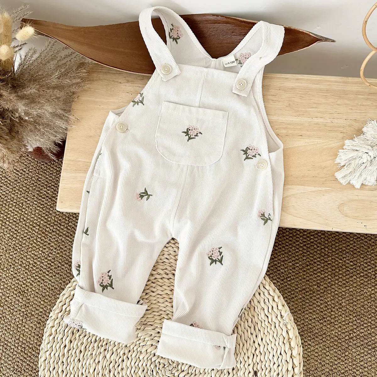 Baby Girls' Corduroy Jumpsuit with Floral Embroidery, Sleeveless Casual Toddler Outfit for Spring & Autumn