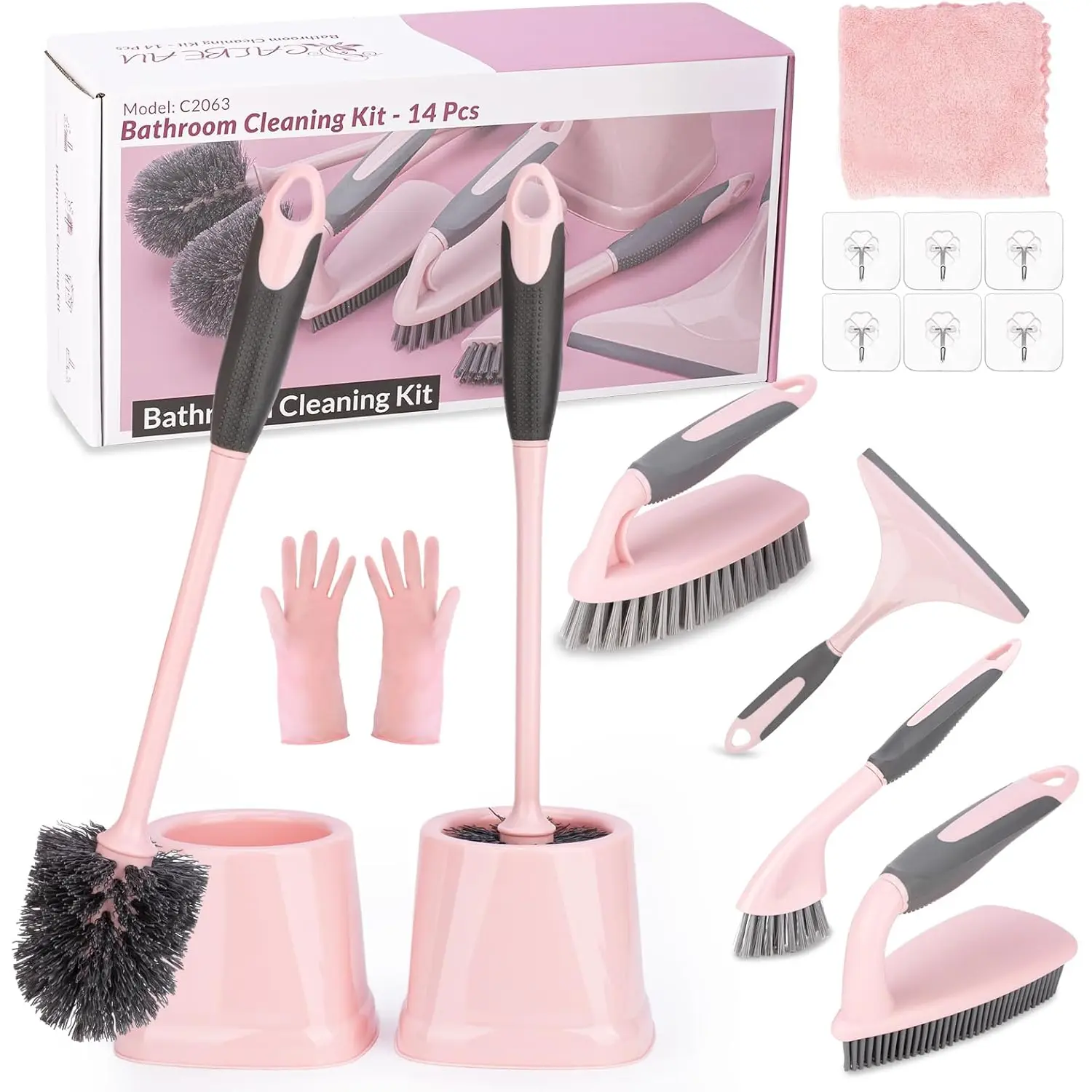 14 count Bathroom Cleaning Tools with Toilet Brush, Scrub Brush, Cleaning Brush for Toilet, Bathtub, Pink Toilet Brush and Holder Set with  Handle and Sturdy Bristles