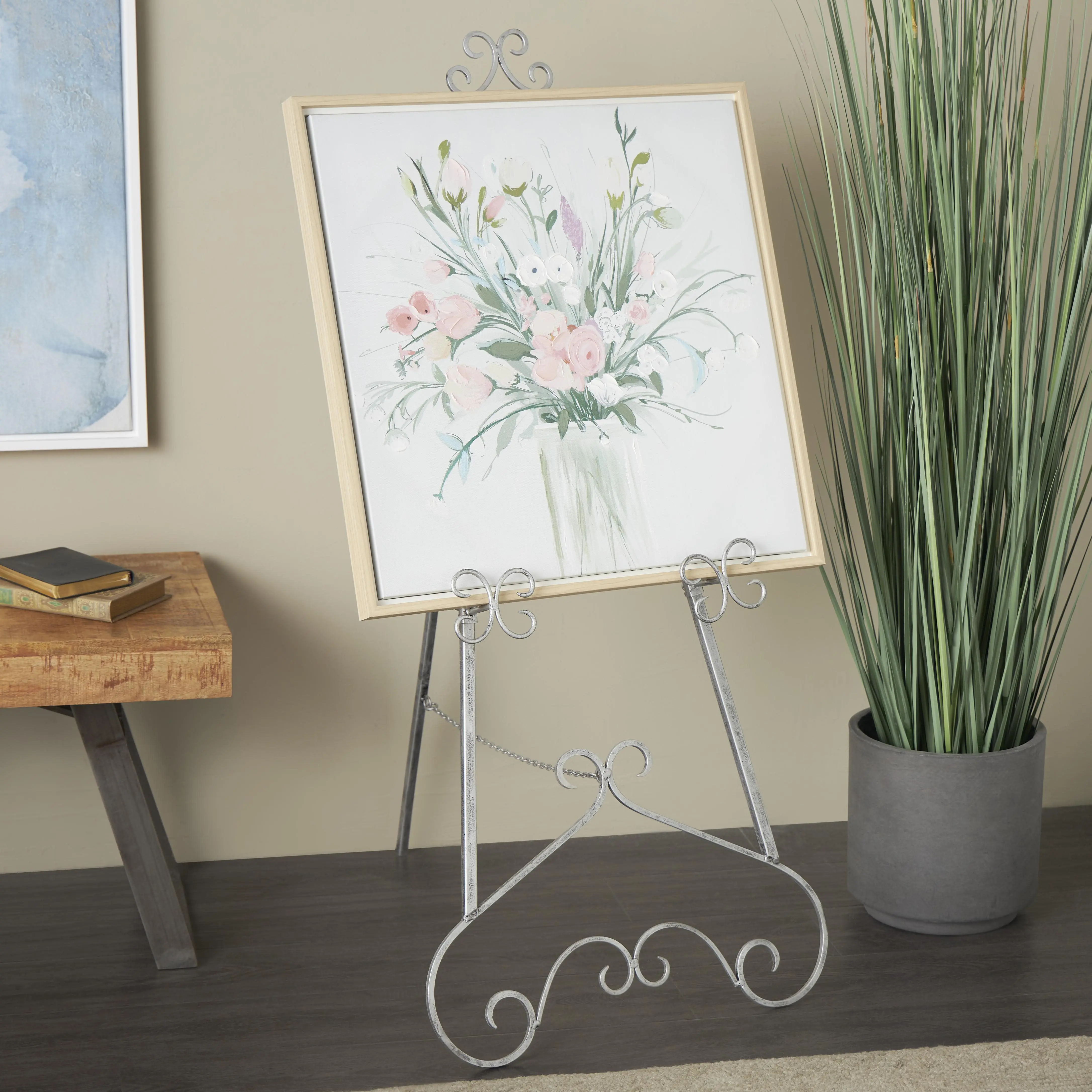 Silver Metal Scroll Tall Adjustable Floor 3 Tier Display Easel, 21" x 26" x 47"