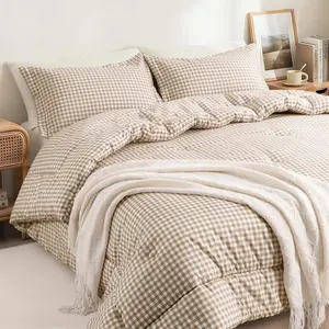 Comforter Set, Modern Plaid Checkered Bedding, Tan Gingham Brown Grid Bed Comforter, Soft  Breathable Farmhouse Dorm Bedding,  Seasons 3 count Set | Gingham