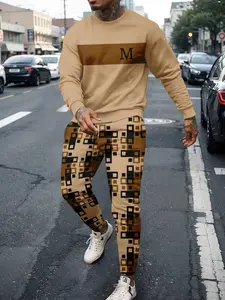 Men's Fashion Menswear Geometric Letter Print Fitted Set, Round Neck Long Sleeve Sweatshirt & Pants Two-Piece, Casual Fall&winter Clothing