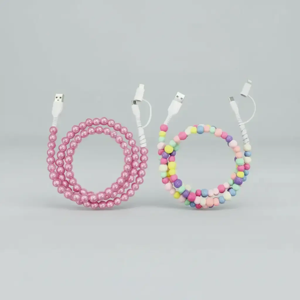 Pearl-Decorated Charging Cable Bundle, Includes Charging Cable, Pink and Multicolor 2-in-1 USB-C Fast Charging Cables, 3.3 FT, Plastic and ABS Materials, Compatible with All Devices, Type C Charger, Dual Charging Cable
