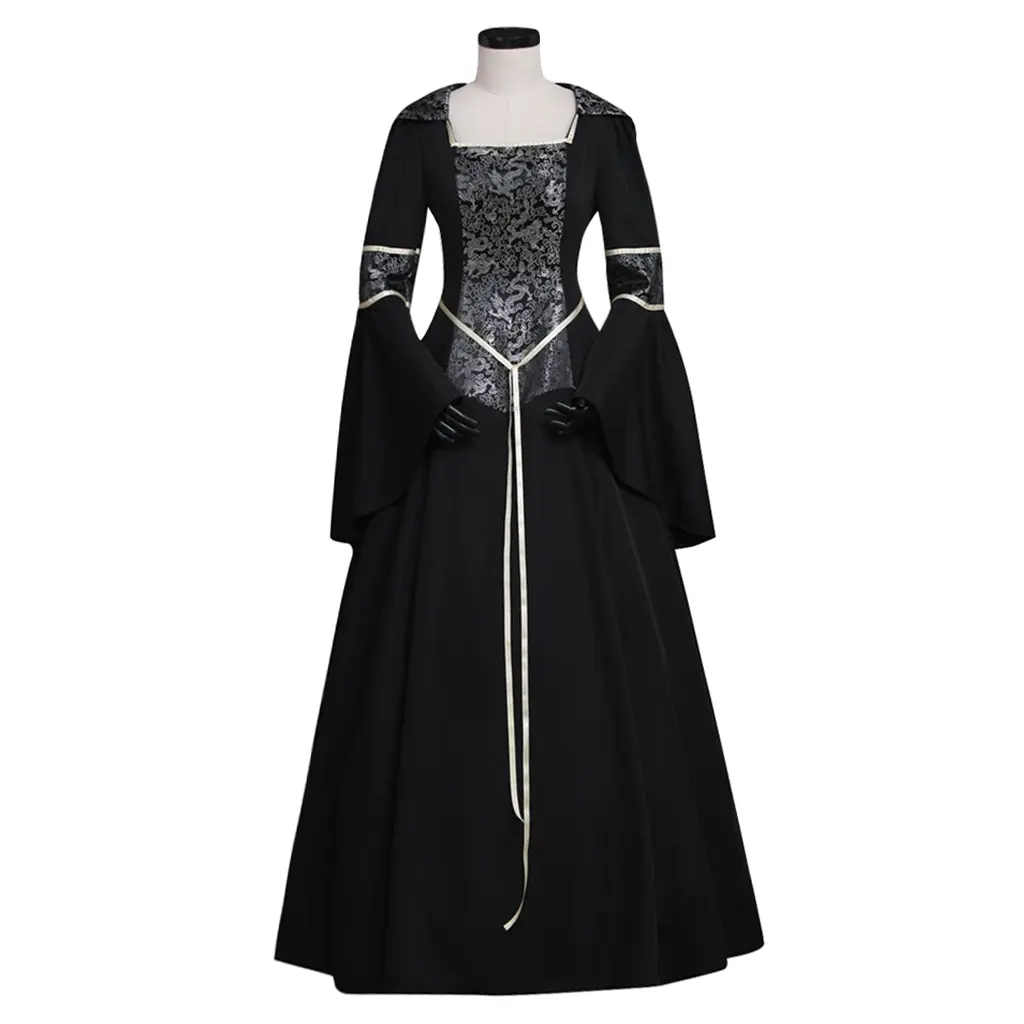 Women's Gothic Cotton Ball Gown, Full-Length Plain Vampire Costume for Formal Evening Parties and Medieval Events, Cotton Fabric, Gothic Look, Vampire Theme, Evening Wear, Formal Evening Dress