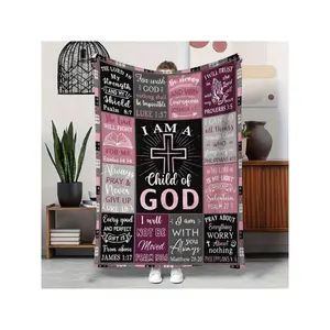 Cozy Warm I Am A Child Of God Christian Bible Verse Cross Printed Patchwork Flannel Throw Blanket